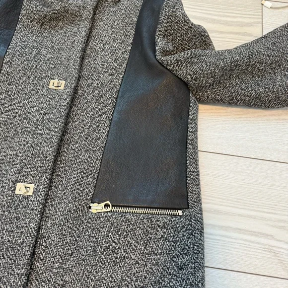 Sandro Paris 36 wool cowhide leather peacoat jacket grey black tweed luxury fall - Picture 5 of 12